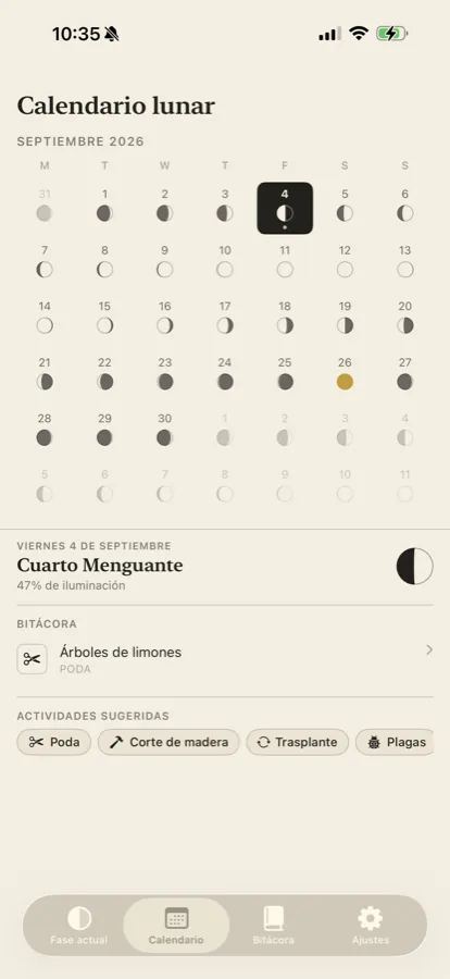 Pantalla de calendario lunar mensual