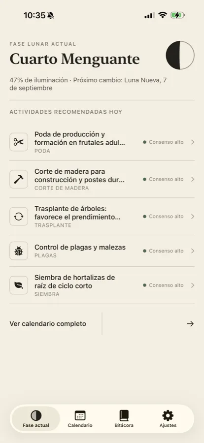 Pantalla principal de Menguante con fase lunar y actividades recomendadas