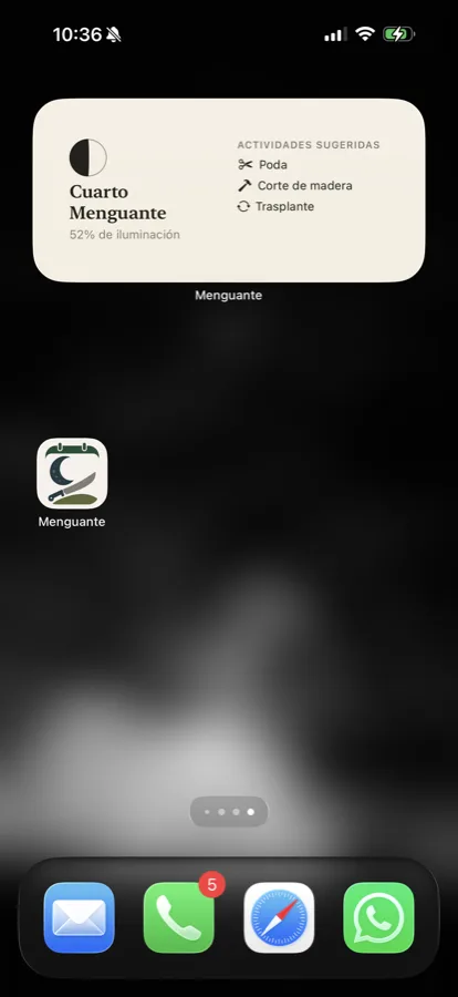 Widget de Menguante en la pantalla de inicio del iPhone